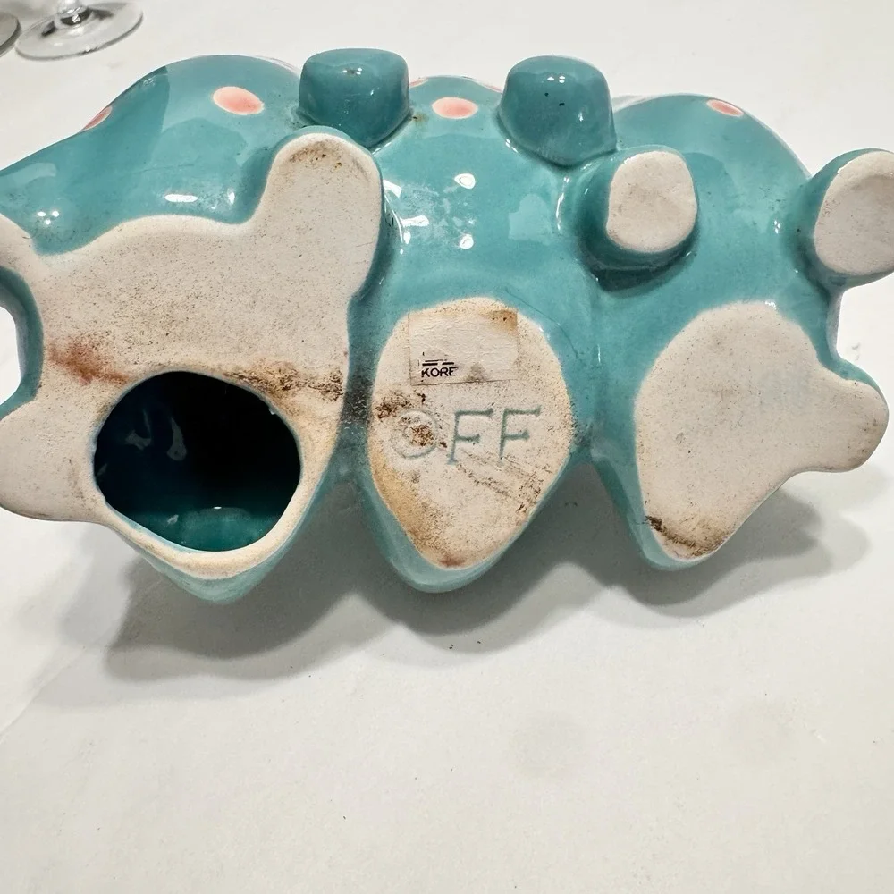 Fitz &Floyd Dinosaur Happy Brontosaurus Aqua Blue Pink Dot Toothbrush Pen Holder